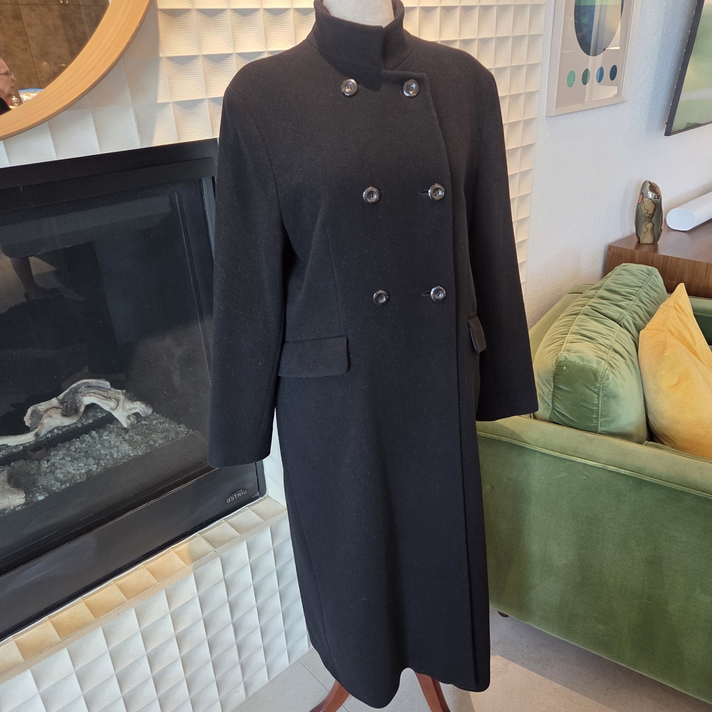 Vintage Bill Blass Wool-Cashmere Long Coat, Double Breasted Black Size 16